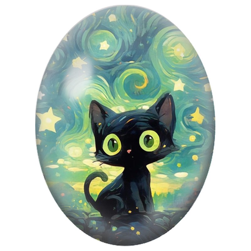Cabochon en Verre Illustré Chat Noir aux Yeux Verts sous les Étoiles 13x18, 18x25 ou 30x40mm