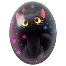 Cabochon en Verre Illustré Chat Noir aux Étoiles Roses et Bleues 13x18, 18x25 ou 30x40mm pour la Création de Bijoux Fantaisie - 