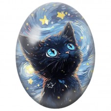 Cabochon en Verre Illustré Chat Noir au Regard Bleu dans la Nuit Étoilée 13x18, 18x25 ou 30x40mm pour la Création de Bijoux Fant