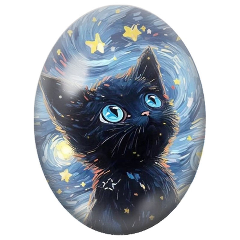 Cabochon en Verre Illustré Chat Noir au Regard Bleu dans la Nuit Étoilée 13x18, 18x25 ou 30x40mm