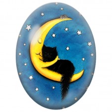 Cabochon en Verre Illustré Chat Noir Endormi sur le Croissant de Lune 13x18, 18x25 ou 30x40mm pour la Création de Bijoux Fantais