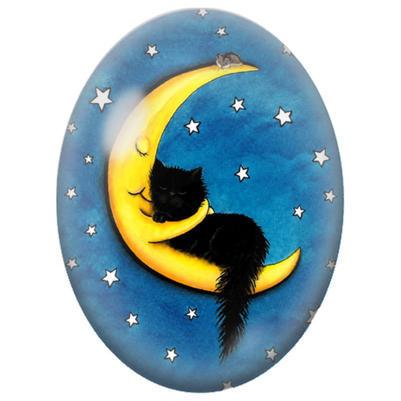 Cabochon en Verre Illustré Chat Noir Endormi sur le Croissant de Lune 13x18, 18x25 ou 30x40mm