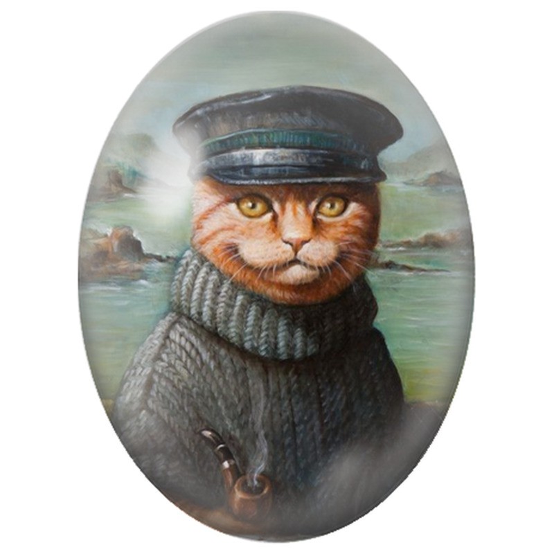 Cabochon en Verre Illustré Chat Marin Roux à la Pipe 13x18, 18x25 ou 30x40mm