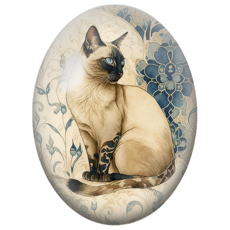 Cabochon en Verre Illustré Chat Siamois aux Fleurs Bleues Art Nouveau 13x18, 18x25 ou 30x40mm