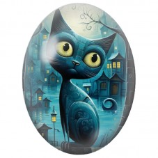 Cabochon en Verre Illustré Chat Bleu aux Grands Yeux dans la Ville Nocturne 13x18, 18x25 ou 30x40mm pour la Création de Bijoux F