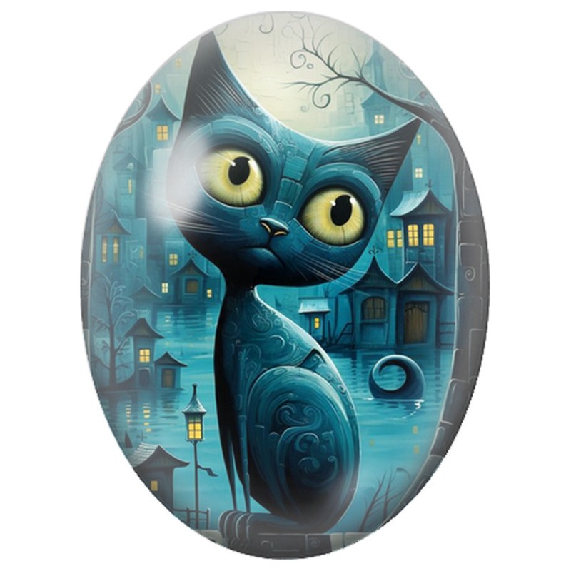 Cabochon en Verre Illustré Chat Bleu aux Grands Yeux dans la Ville Nocturne 13x18, 18x25 ou 30x40mm