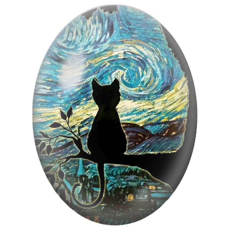 Cabochon en Verre Illustré Silhouette de Chat sous la Nuit Étoilée 13x18, 18x25 ou 30x40mm