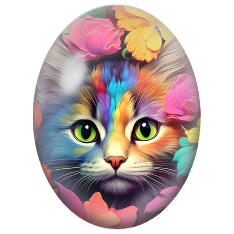Cabochon en Verre Illustré Chat Multicolore aux Fleurs Éclatantes 13x18, 18x25 ou 30x40mm