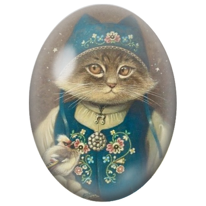 Cabochon en Verre Illustré Chat en Costume Traditionnel Bleu 13x18, 18x25 ou 30x40mm