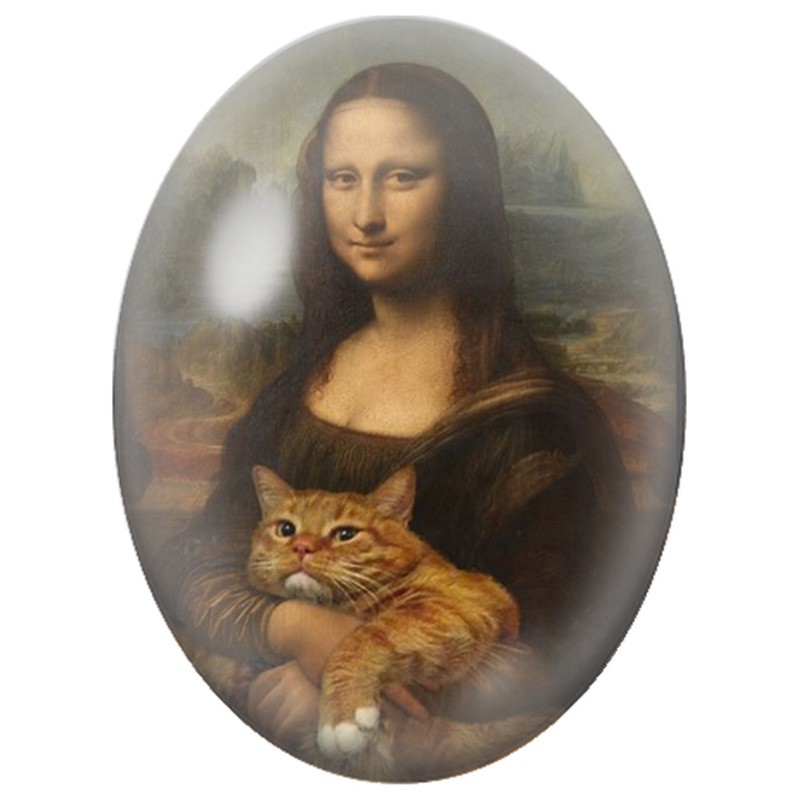 Cabochon en Verre Illustré Mona Lisa au Chat Roux 13x18, 18x25 ou 30x40mm