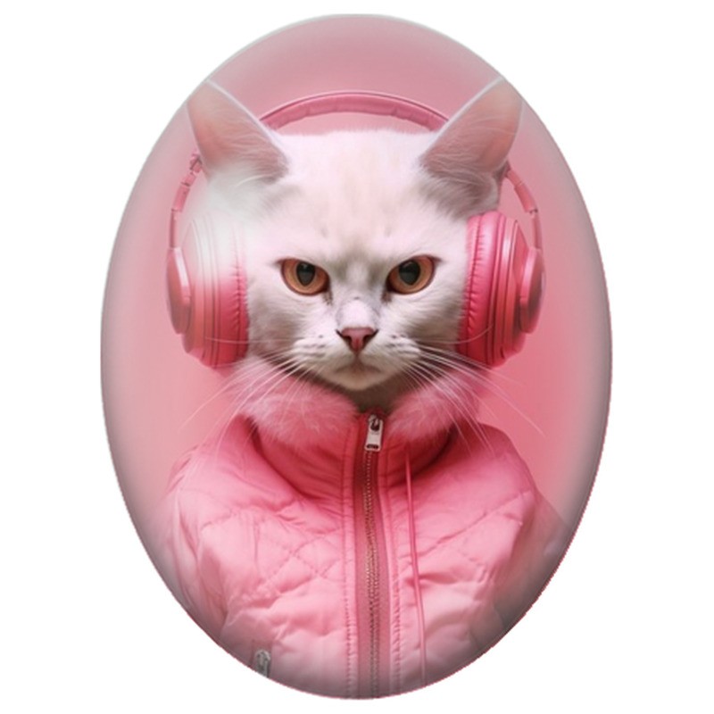 Cabochon en Verre Illustré Chat Blanc au Casque et Blouson Roses 13x18, 18x25 ou 30x40mm