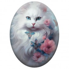 Cabochon en Verre Illustré Chat Blanc aux Fleurs Roses et Papillons Bleus 13x18, 18x25 ou 30x40mm pour la Création de Bijoux Fan