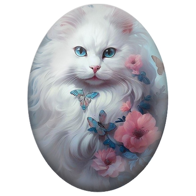 Cabochon en Verre Illustré Chat Blanc aux Fleurs Roses et Papillons Bleus 13x18, 18x25 ou 30x40mm