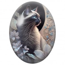 Cabochon en Verre Illustré Chat Siamois au Jardin de Fleurs Bleues 13x18, 18x25 ou 30x40mm pour la Création de Bijoux Fantaisie 