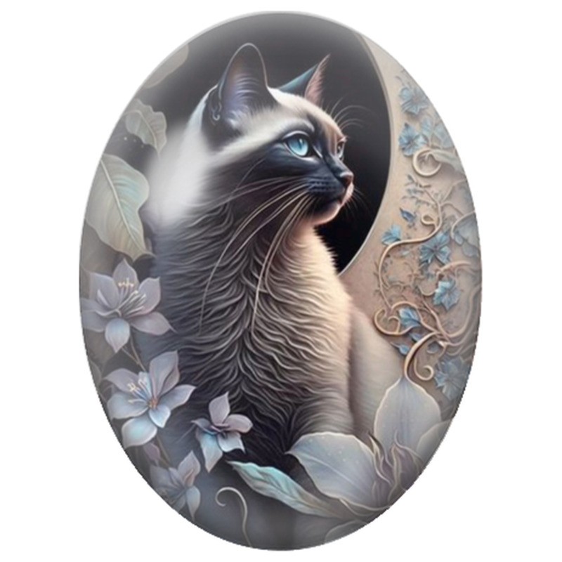 Cabochon en Verre Illustré Chat Siamois au Jardin de Fleurs Bleues 13x18, 18x25 ou 30x40mm