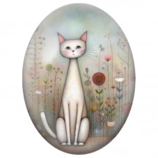 Cabochon en Verre Illustré Chat Blanc dans un Jardin de Fleurs Fines 13x18, 18x25 ou 30x40mm pour la Création de Bijoux Fantaisi