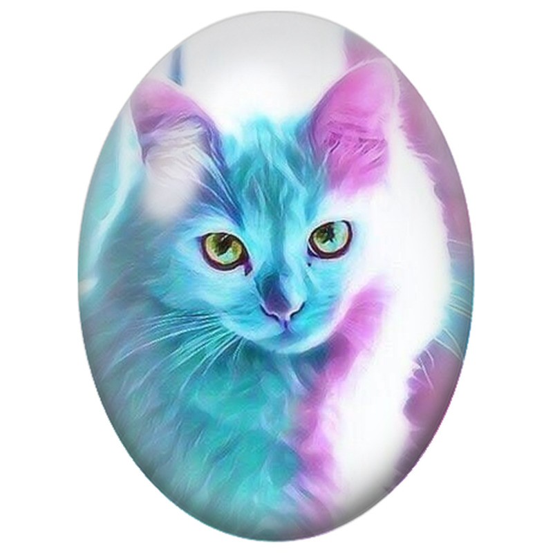 Cabochon en Verre Illustré Chat aux Reflets Turquoise et Roses 13x18, 18x25 ou 30x40mm
