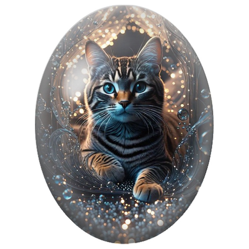 Cabochon en Verre Illustré Chat Tigré dans un Tourbillon de Lumières 13x18, 18x25 ou 30x40mm