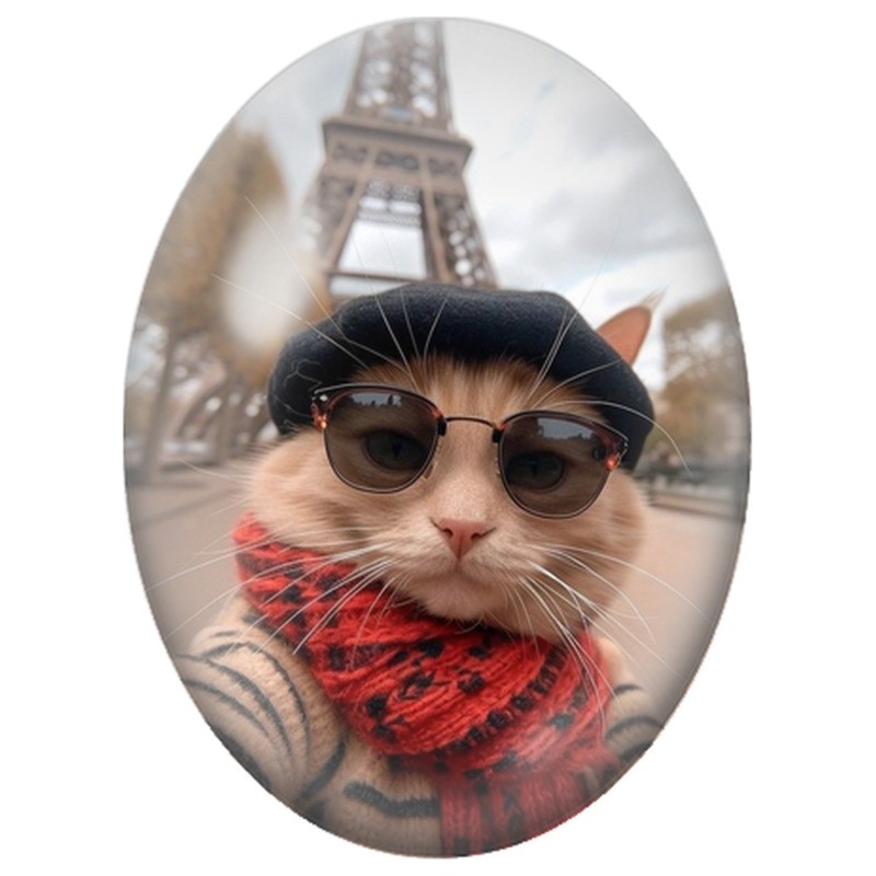 Cabochon en Verre Illustré Chat Parisien au Béret devant la Tour Eiffel 13x18, 18x25 ou 30x40mm
