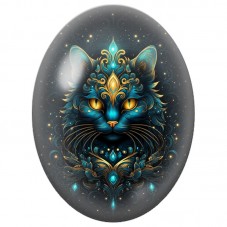 Cabochon en Verre Illustré Chat Mystique Bleu aux Joyaux Dorés 13x18, 18x25 ou 30x40mm pour la Création de Bijoux Fantaisie - DI