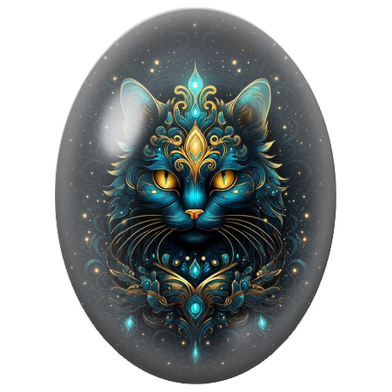 Cabochon en Verre Illustré Chat Mystique Bleu aux Joyaux Dorés 13x18, 18x25 ou 30x40mm