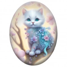 Cabochon en Verre Illustré Chaton Blanc aux Fleurs Roses et Arabesques Bleues 13x18, 18x25 ou 30x40mm pour la Création de Bijoux