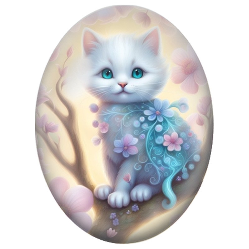 Cabochon en Verre Illustré Chaton Blanc aux Fleurs Roses et Arabesques Bleues 13x18, 18x25 ou 30x40mm