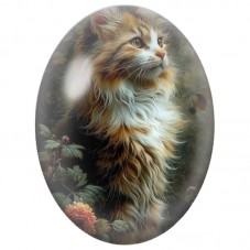 Cabochon en Verre Illustré Chat Tricolore dans un Jardin Sombre 13x18, 18x25 ou 30x40mm pour la Création de Bijoux Fantaisie - D