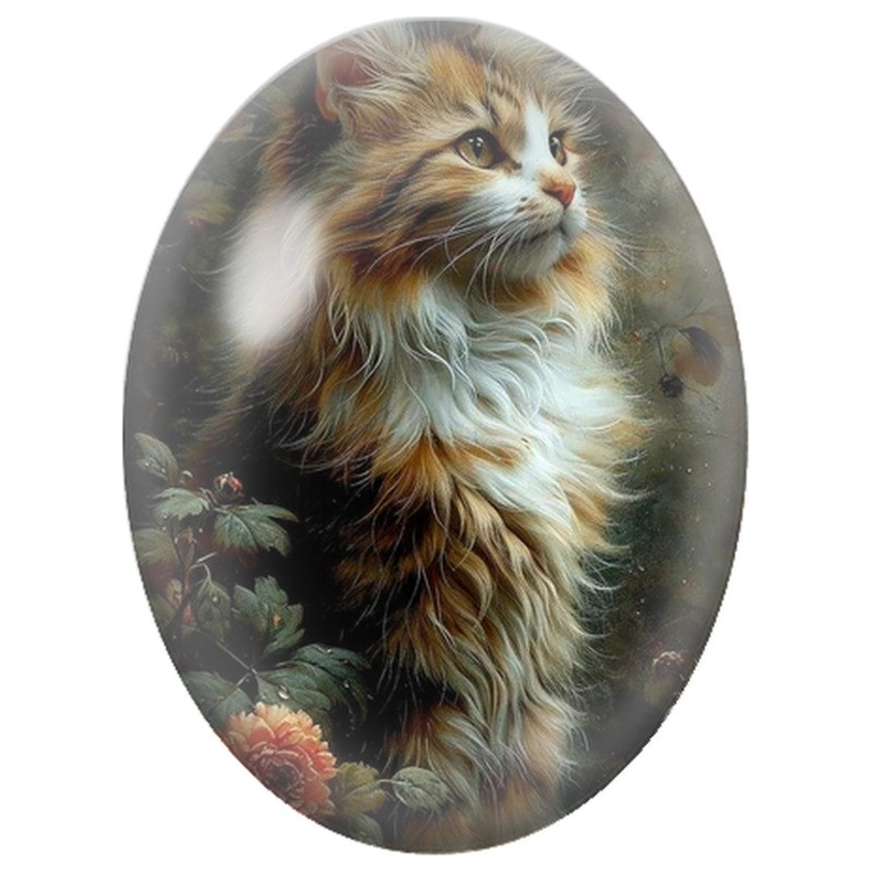 Cabochon en Verre Illustré Chat Tricolore dans un Jardin Sombre 13x18, 18x25 ou 30x40mm
