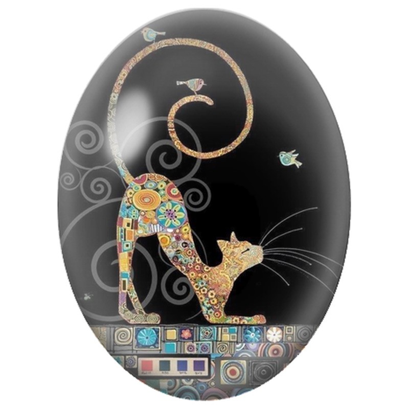 Cabochon en Verre Illustré Chat Mosaïque aux Oiseaux Colorés 13x18, 18x25 ou 30x40mm