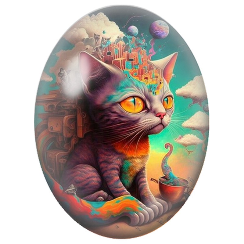 Cabochon en Verre Illustré Chat Fantastique à la Cité Imaginaire 13x18, 18x25 ou 30x40mm