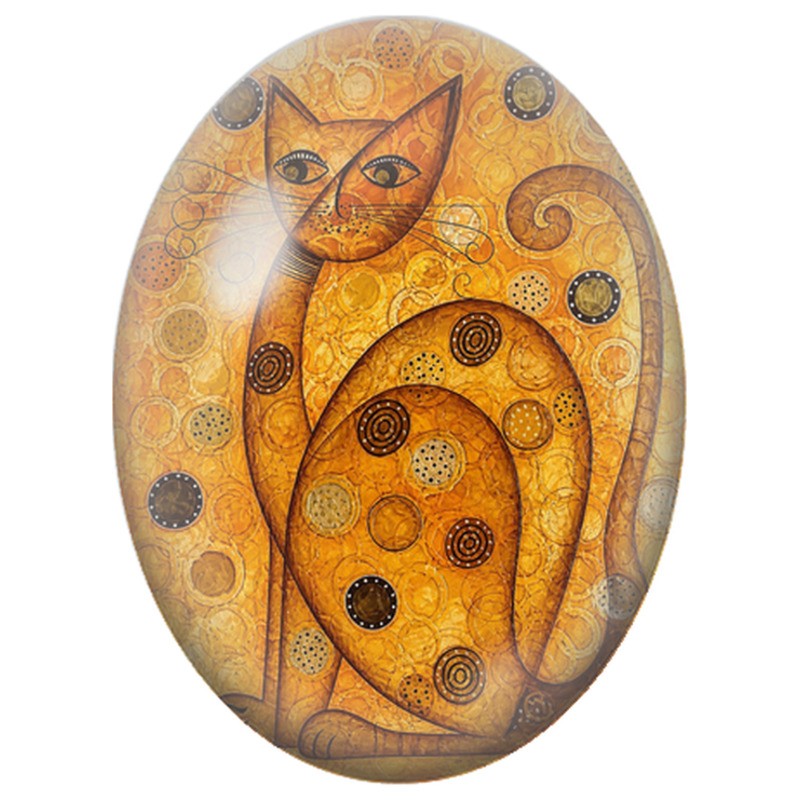 Cabochon en Verre Illustré Chat Ocre aux Motifs Circulaires 13x18, 18x25 ou 30x40mm