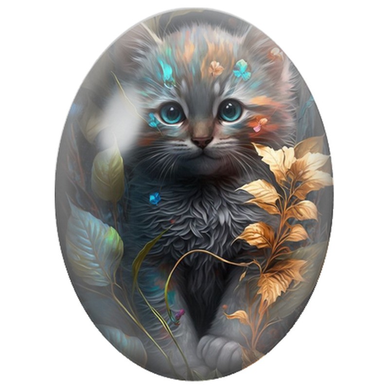 Cabochon en Verre Illustré Chaton Gris aux Papillons Bleus 13x18, 18x25 ou 30x40mm
