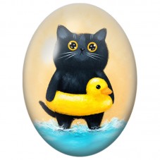 Cabochon en Verre Illustré Chat Noir à la Bouée Canard 13x18, 18x25 ou 30x40mm pour la Création de Bijoux Fantaisie - DIY