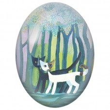 Cabochon en Verre Illustré Duo de Chats dans la Forêt Pastel 13x18, 18x25 ou 30x40mm pour la Création de Bijoux Fantaisie - DIY
