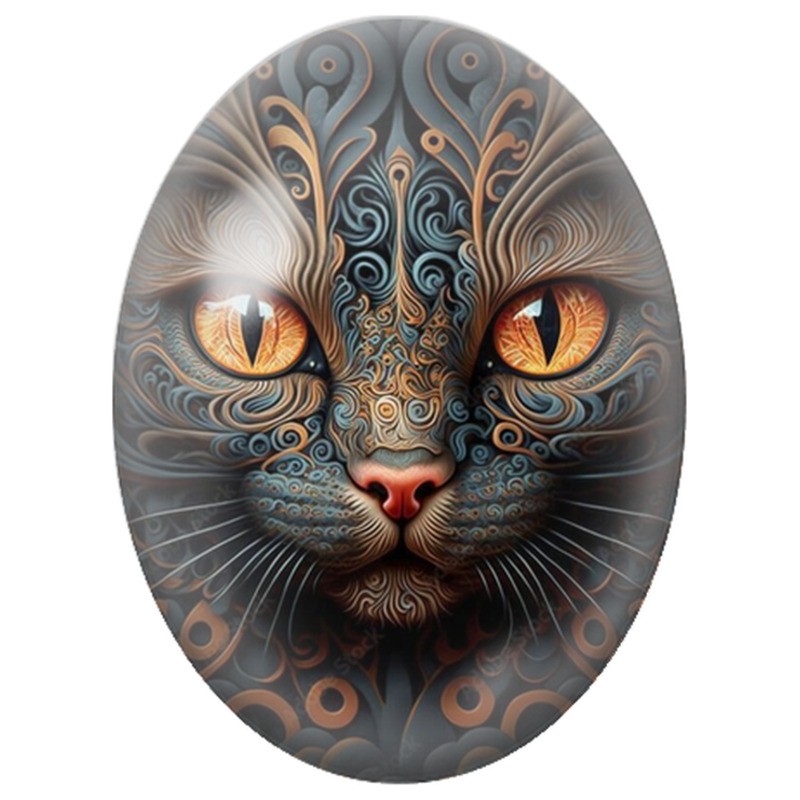 Cabochon en Verre Illustré Visage de Chat aux Arabesques Cuivrées 13x18, 18x25 ou 30x40mm
