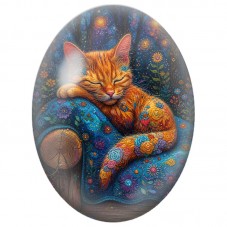 Cabochon en Verre Illustré Chat Roux Endormi sur un Fauteuil Fleuri 13x18, 18x25 ou 30x40mm pour la Création de Bijoux Fantaisie
