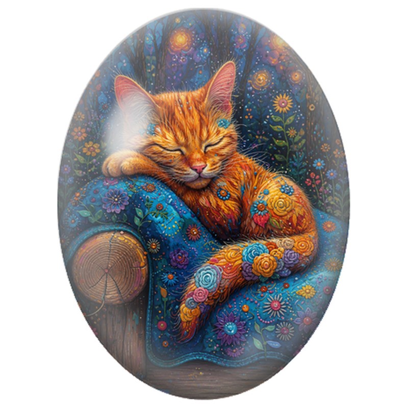 Cabochon en Verre Illustré Chat Roux Endormi sur un Fauteuil Fleuri 13x18, 18x25 ou 30x40mm