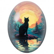 Cabochon en Verre Illustré Silhouette de Chat devant le Soleil Couchant 13x18, 18x25 ou 30x40mm pour la Création de Bijoux Fanta