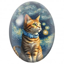 Cabochon en Verre Illustré Chat Tigré au Nœud Bleu sous la Nuit Étoilée 13x18, 18x25 ou 30x40mm pour la Création de Bijoux Fanta