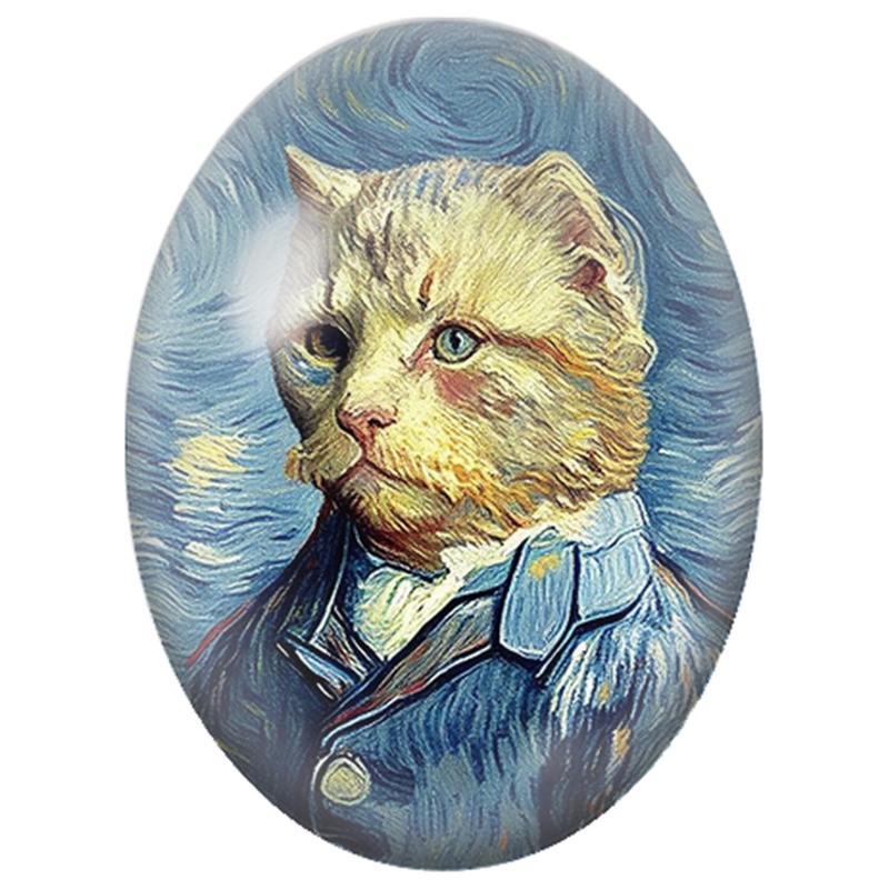 Cabochon en Verre Illustré Portrait de Chat Artiste au Costume Bleu 13x18, 18x25 ou 30x40mm