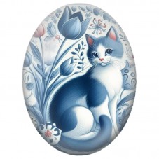 Cabochon en Verre Illustré Chat Bleu et Blanc parmi les Tulipes 13x18, 18x25 ou 30x40mm pour la Création de Bijoux Fantaisie - D