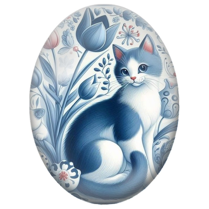 Cabochon en Verre Illustré Chat Bleu et Blanc parmi les Tulipes 13x18, 18x25 ou 30x40mm