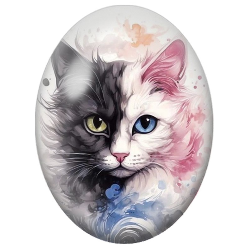 Cabochon en Verre Illustré Chat Noir et Blanc aux Yeux Vairons 13x18, 18x25 ou 30x40mm