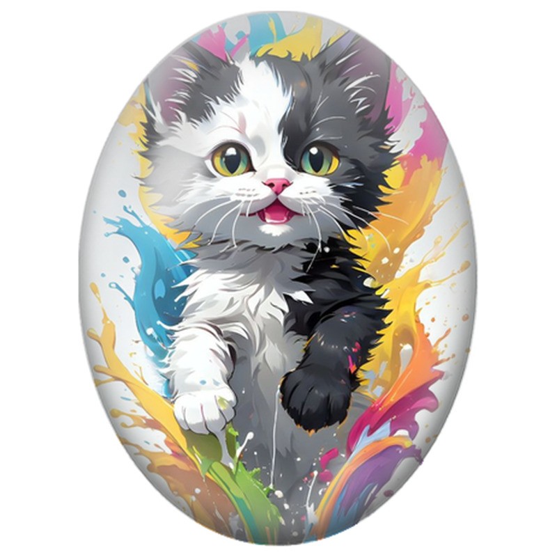 Cabochon en Verre Illustré Chaton Noir et Blanc aux Éclats de Peinture 13x18, 18x25 ou 30x40mm