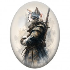 Cabochon en Verre Illustré Chat Samouraï en Armure Bleue 13x18, 18x25 ou 30x40mm pour la Création de Bijoux Fantaisie - DIY
