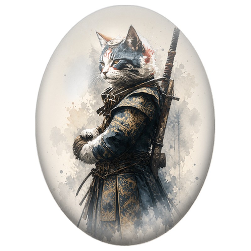 Cabochon en Verre Illustré Chat Samouraï en Armure Bleue 13x18, 18x25 ou 30x40mm