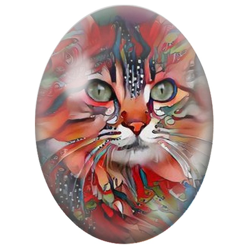 Cabochon en Verre Illustré Visage de Chat aux Couleurs Flamboyantes 13x18, 18x25 ou 30x40mm
