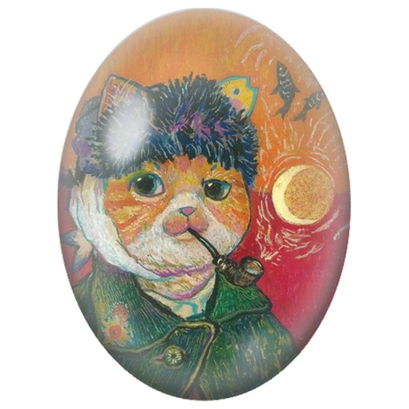 Cabochon en Verre Illustré Chat au Bonnet de Fourrure et à la Pipe 13x18, 18x25 ou 30x40mm