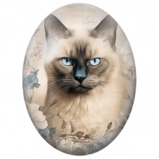 Cabochon en Verre Illustré Chat Siamois aux Fleurs Bleues Vintage 13x18, 18x25 ou 30x40mm pour la Création de Bijoux Fantaisie -